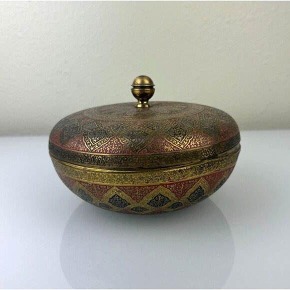 Kinco Brass Lidded Round Circular Trinket Box Home Decor Accent Boho Vintage - Picture 2 of 16